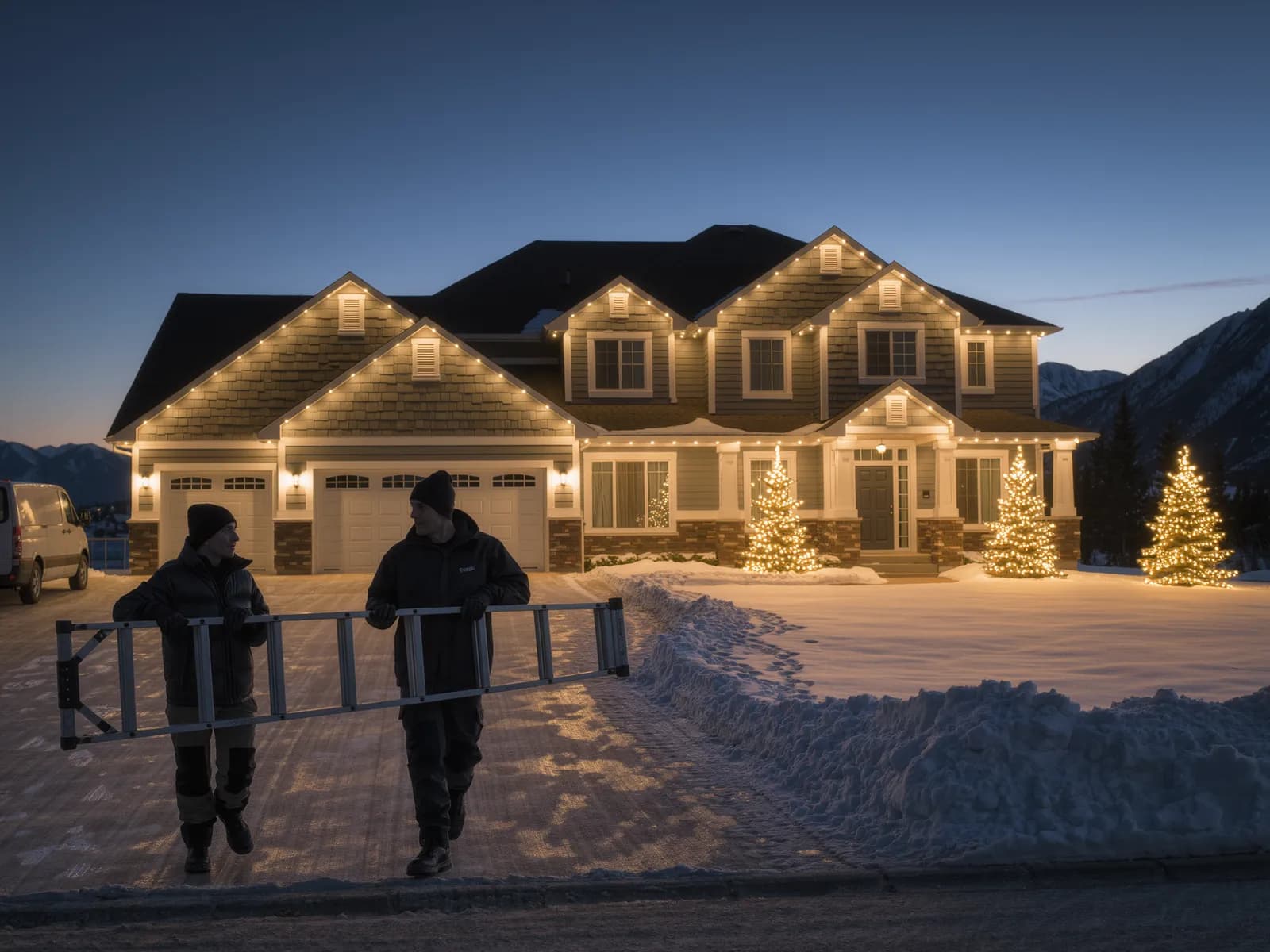 Christmas light installers carrying a ladder up the driveway of a lit home in Cochrane, Alberta