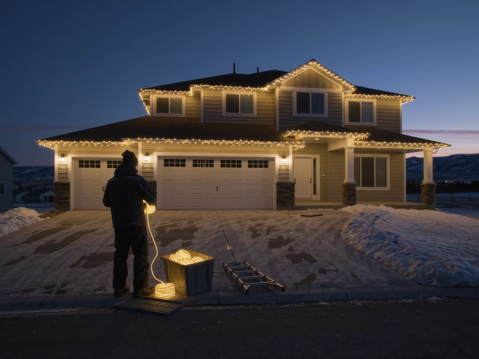 Cochrane Christmas light removal, a Bright West installer coiling lights during a January takedown on a snowy roofline in Alberta
