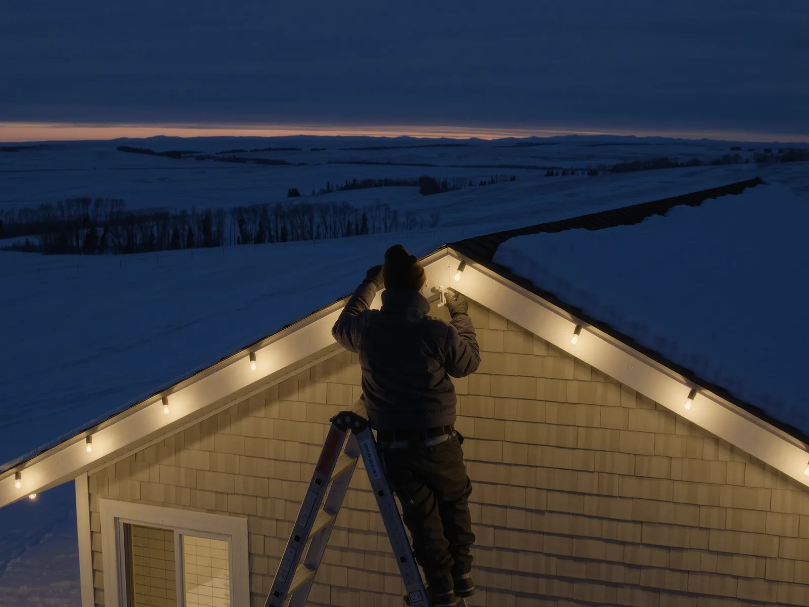 Installer on a ladder clipping warm white Christmas lights along the eave of a home in Cochrane, Alberta