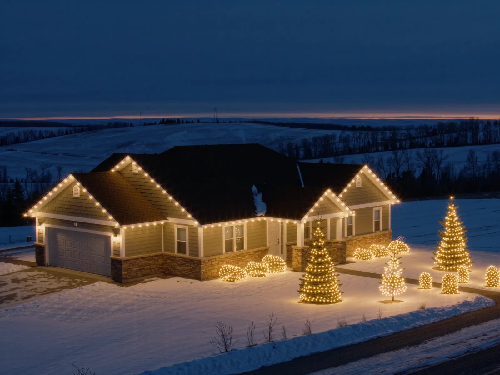 Warm white Christmas lights along the roofline, peaks and wrapped front trees of a home in Cochrane, Alberta