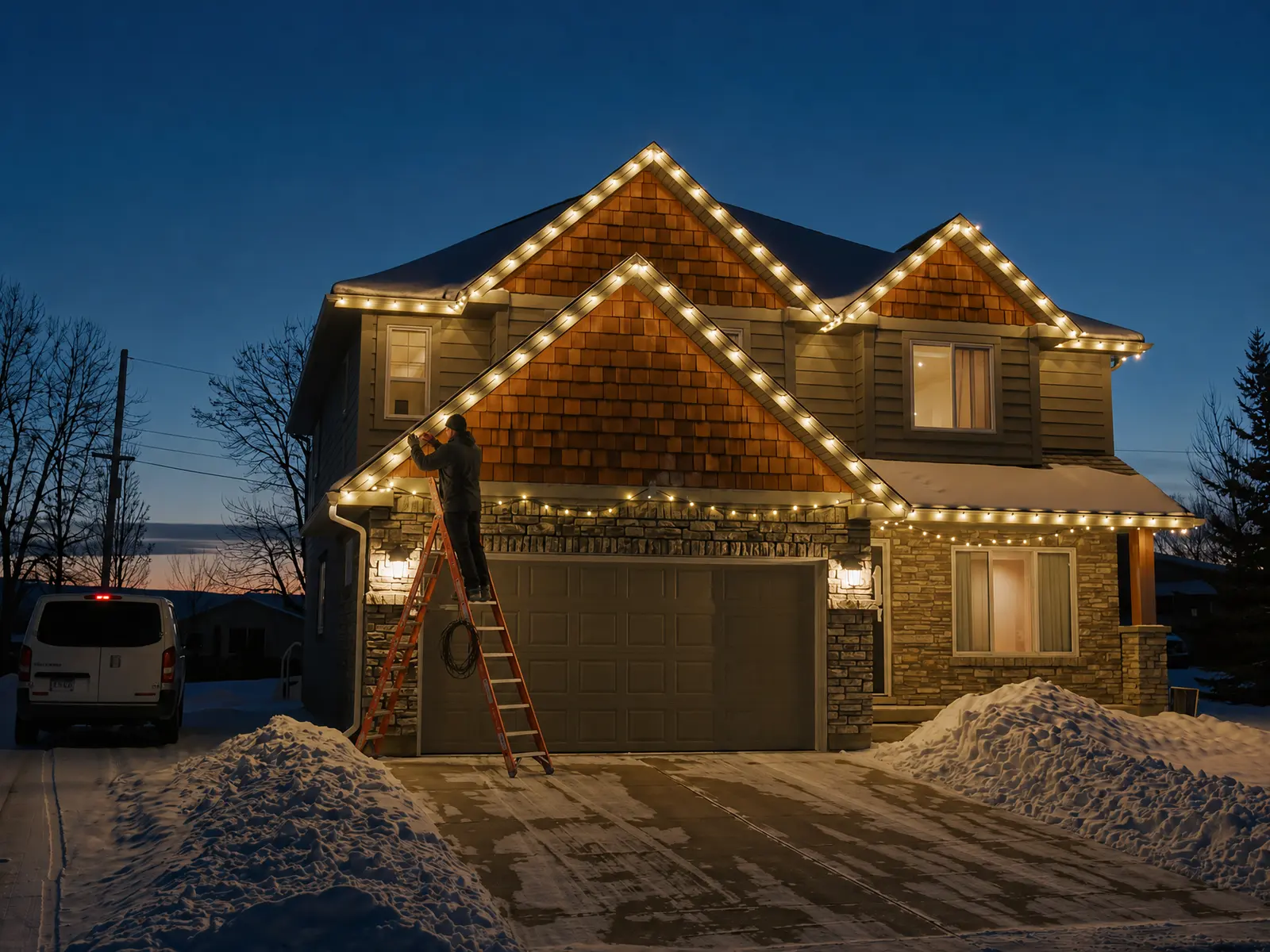 Christmas light installation on a home in Cochrane, Alberta, roofline lit and an installer on the ladder