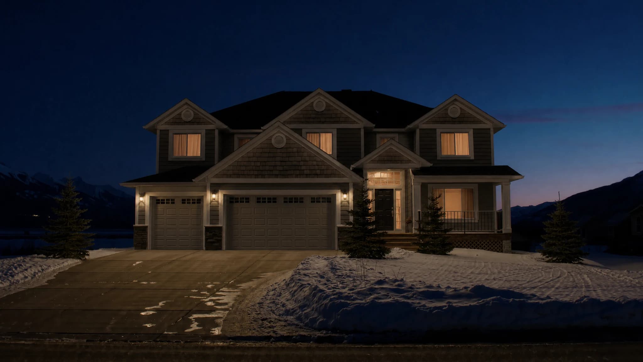 A Cochrane home at dusk with bare rooflines and no Christmas lights installed