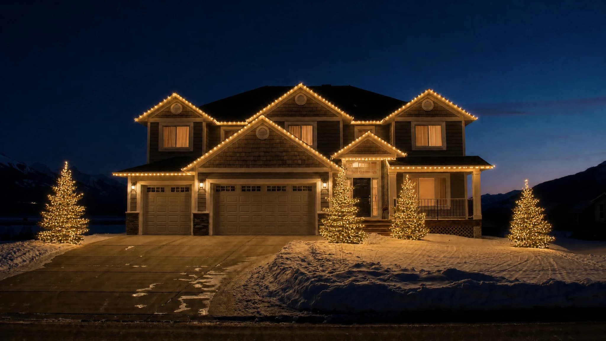 The same Cochrane home with warm white Christmas lights installed along every roofline by Bright West