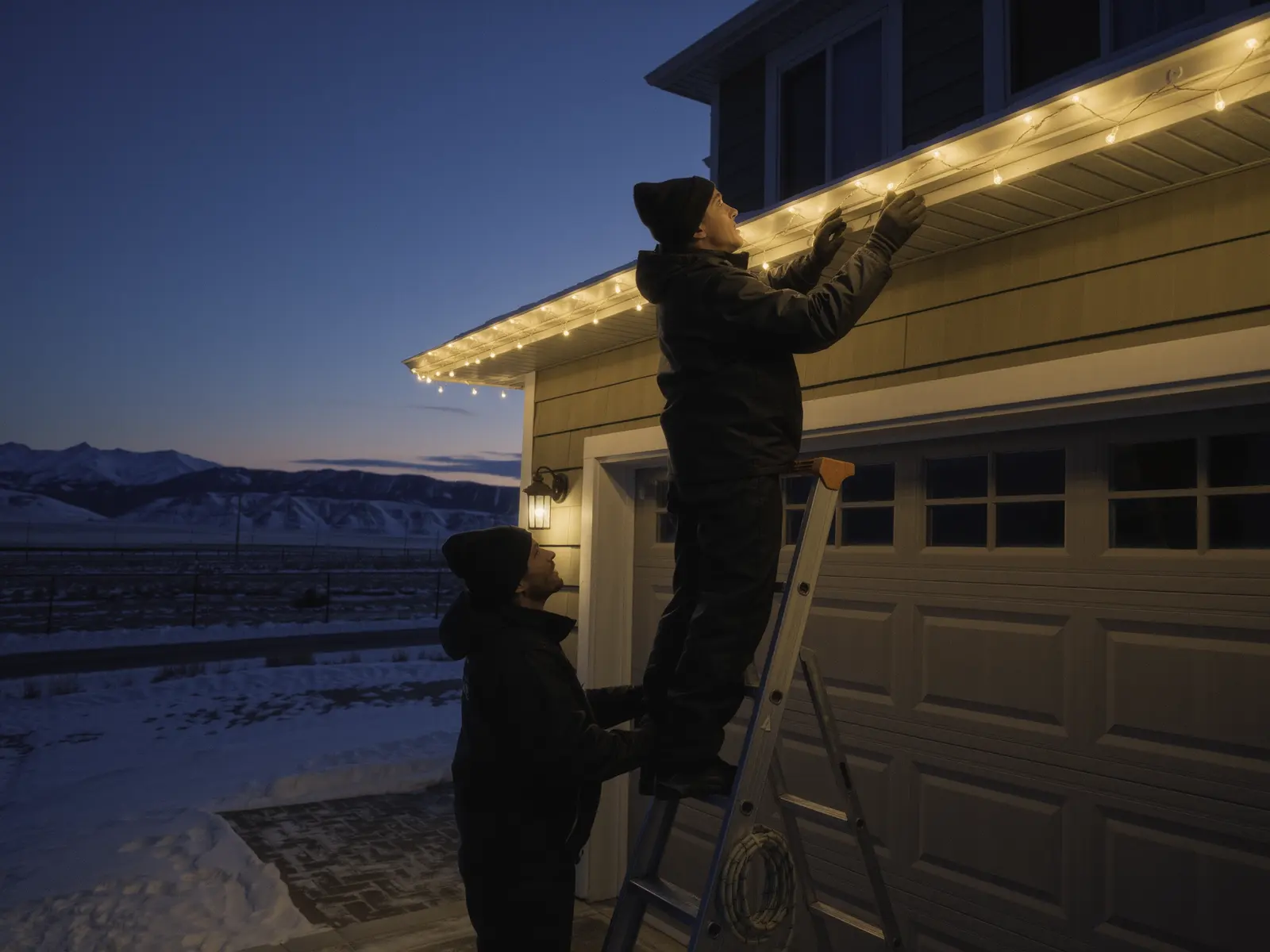 Bright West installer fitting a Christmas light hanging service to the roofline of a home in Cochrane, Alberta