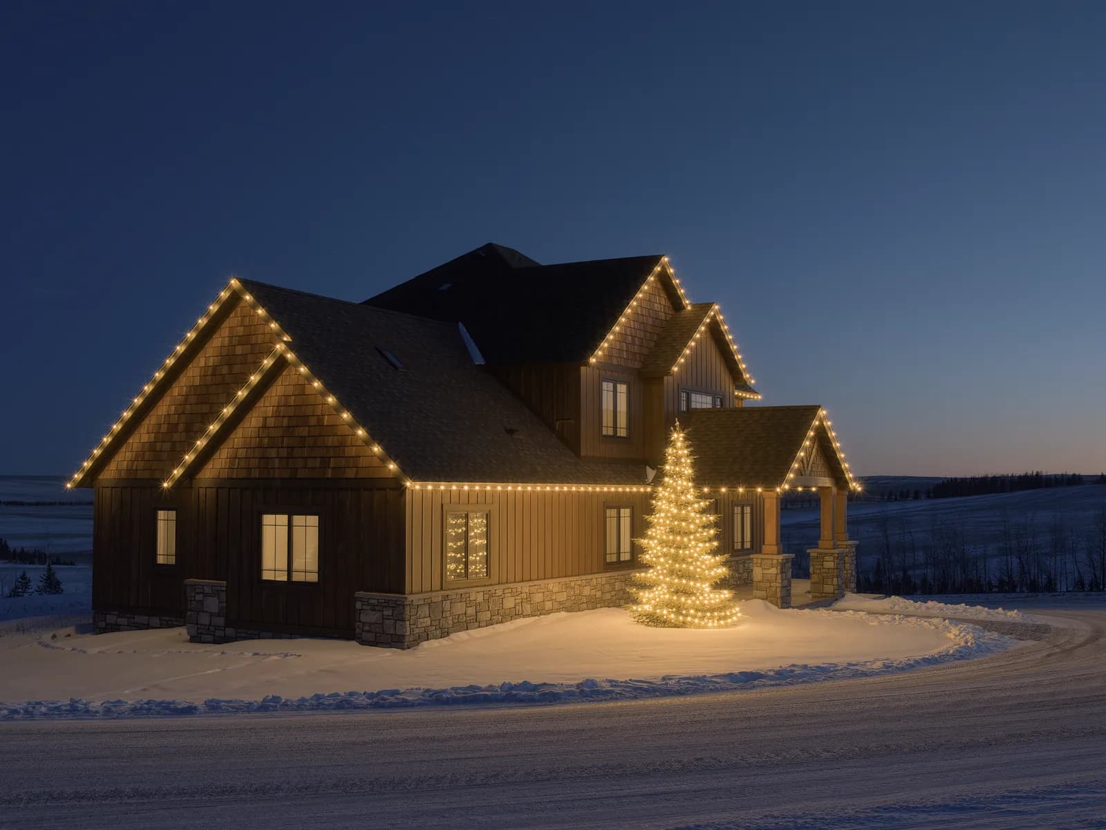 Bright West installers clipping commercial-grade LED Christmas lights to the roofline of a home in Cochrane, Alberta
