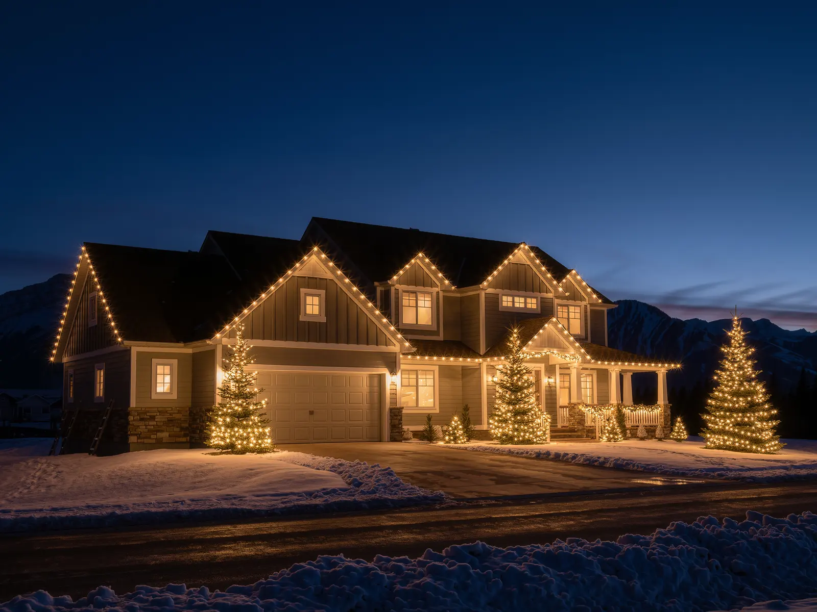 Cochrane residential Christmas light installation on a two-storey home in Alberta by Bright West Holiday Lighting