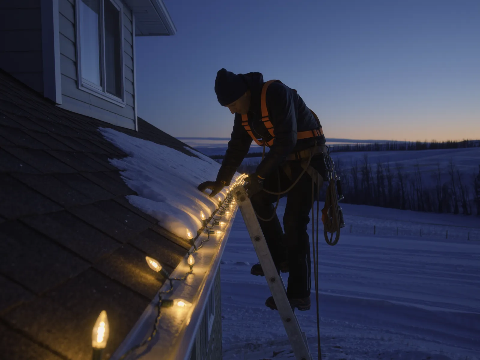 Roofer checking the eave and flashing beside a lit roofline in Cochrane, Alberta