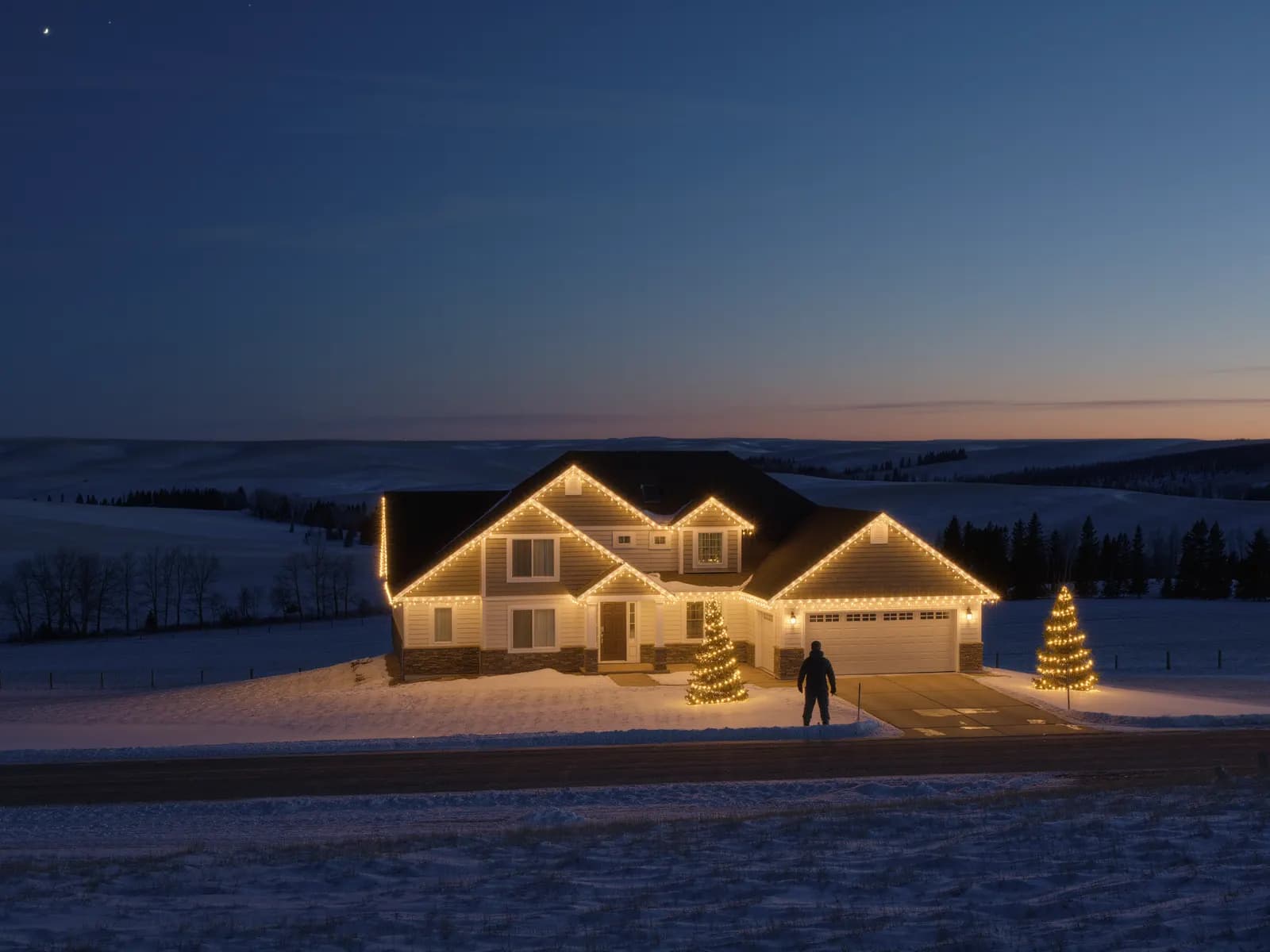 Installer in a safety harness working on a snow covered roof in Cochrane, Alberta during January Christmas light removal