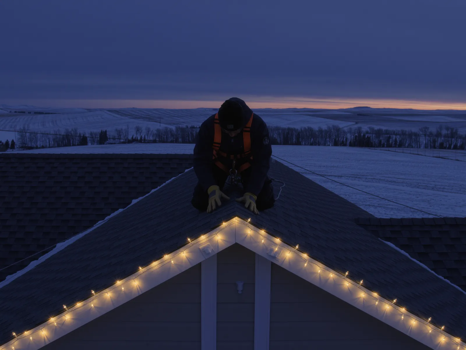 Bright West installers fitting Calgary Christmas light installation to a roofline in Alberta